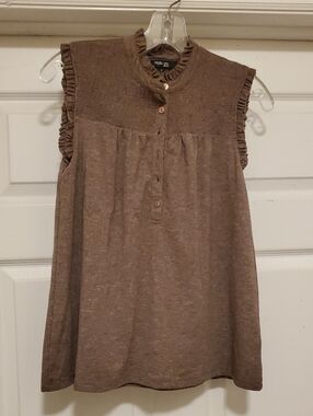 Style & Co. Brown Ruffle-Trim Button Placket Sleeveless Top